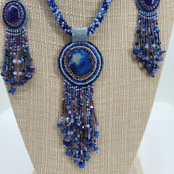 Handmade Embroidered Lapis and Necklace Set